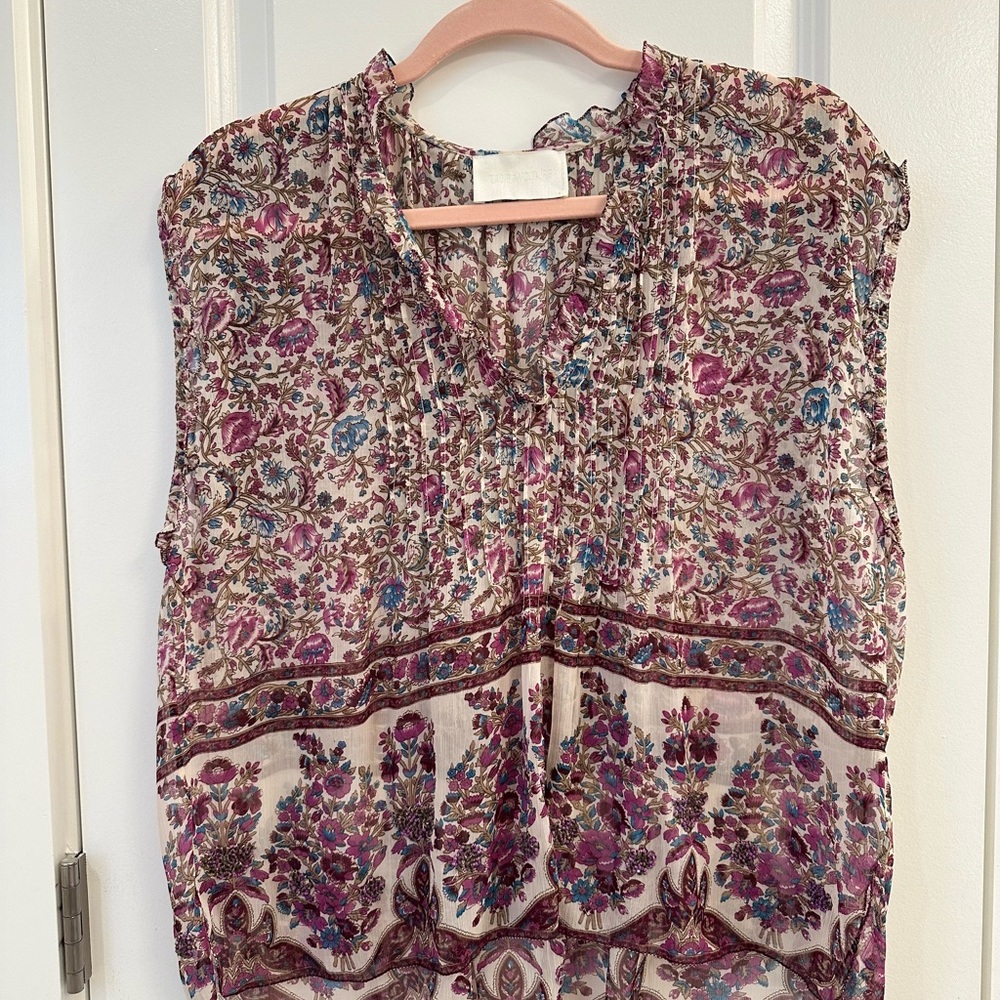 Zadig & Voltaire Red Pleated Blouse with Mandarin Collar